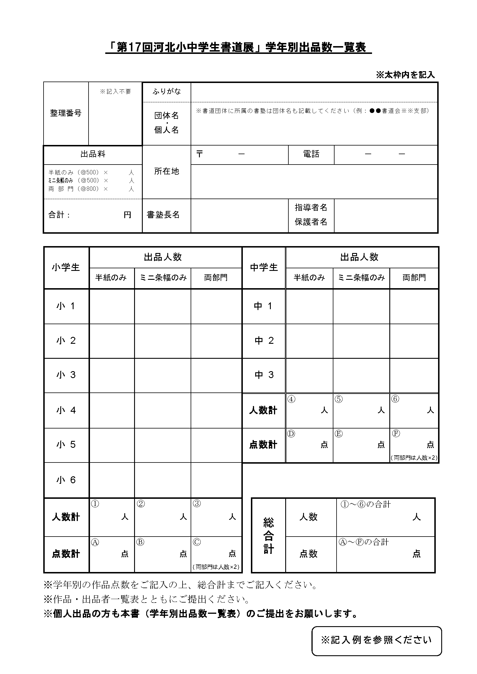 学年別出品数一覧票