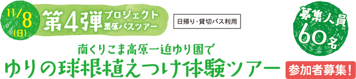 11/8（日）第4弾プロジェクト栗原バスツアー（日帰り・貸切バス利用）南くりこま高原一迫ゆり園でゆりの球根植えつけ体験ツアー 参加者募集！ 募集人員60名